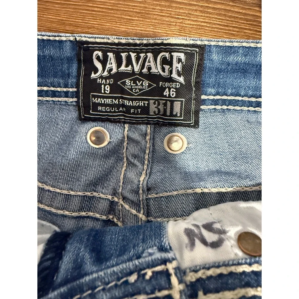Salvage Mayhem Straight Jeans Men's 31L Blue Denim Stretch Distressed 5‎ Pocket